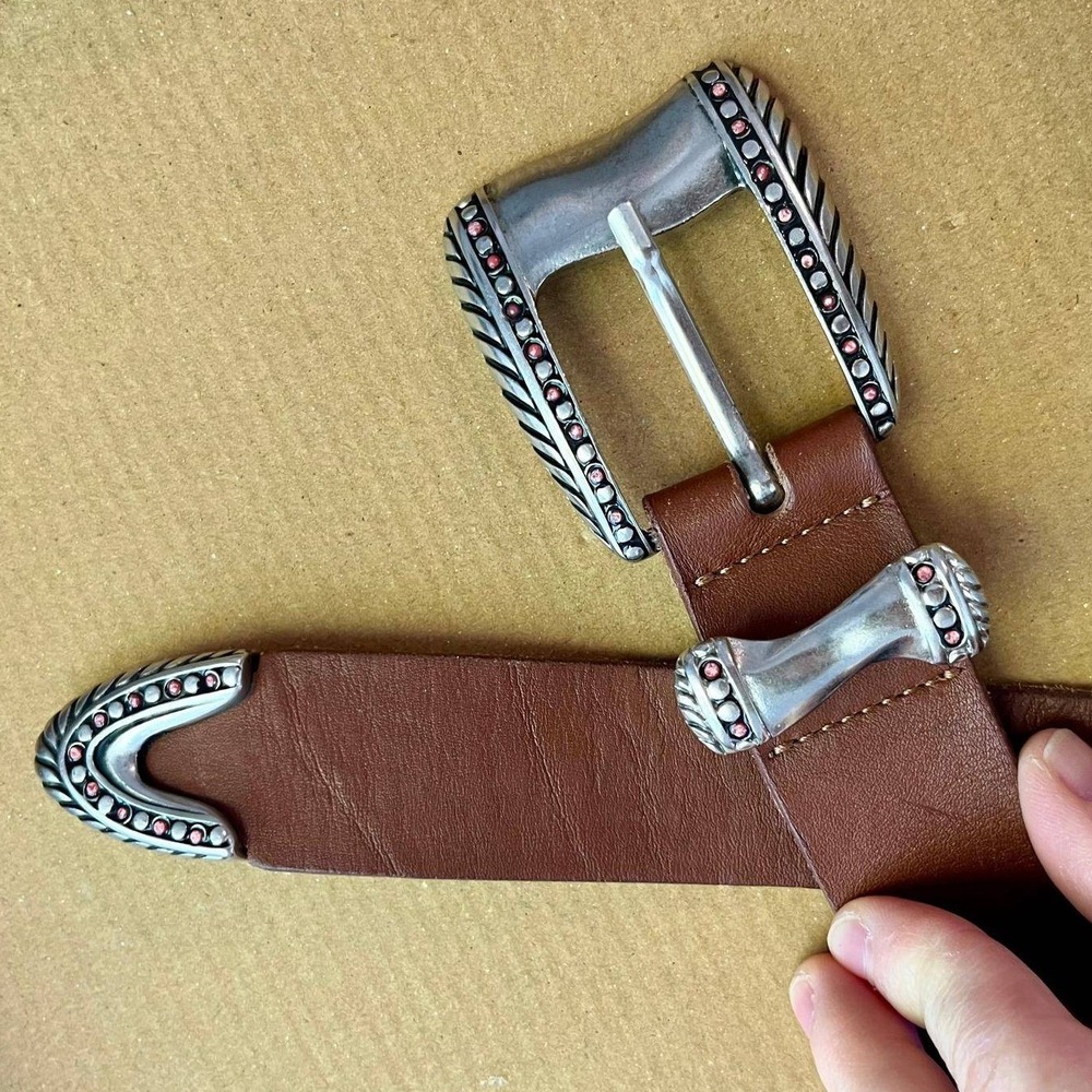 VTG Garuglieri Italian‎ Brown Leather Western Belt Silver Rhinestone Large 38"